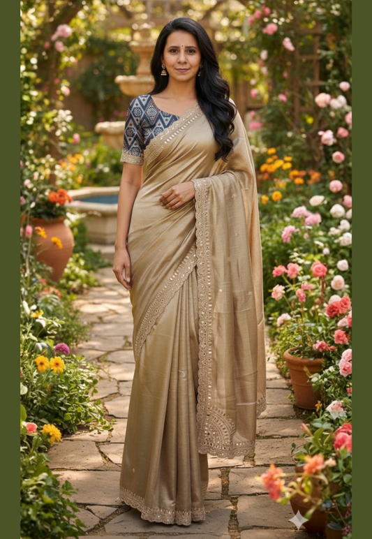 Traditional beige and gold saree with intricate bead and mirror work