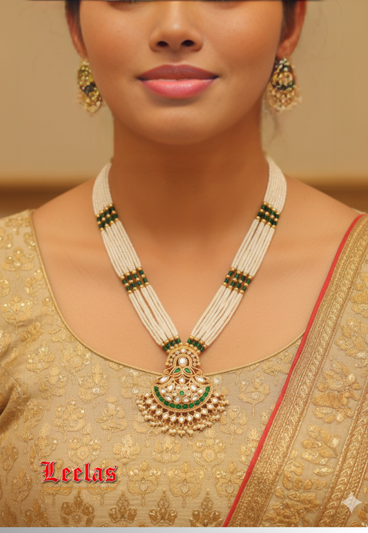 Gold and cream, and green pearl long necklace set