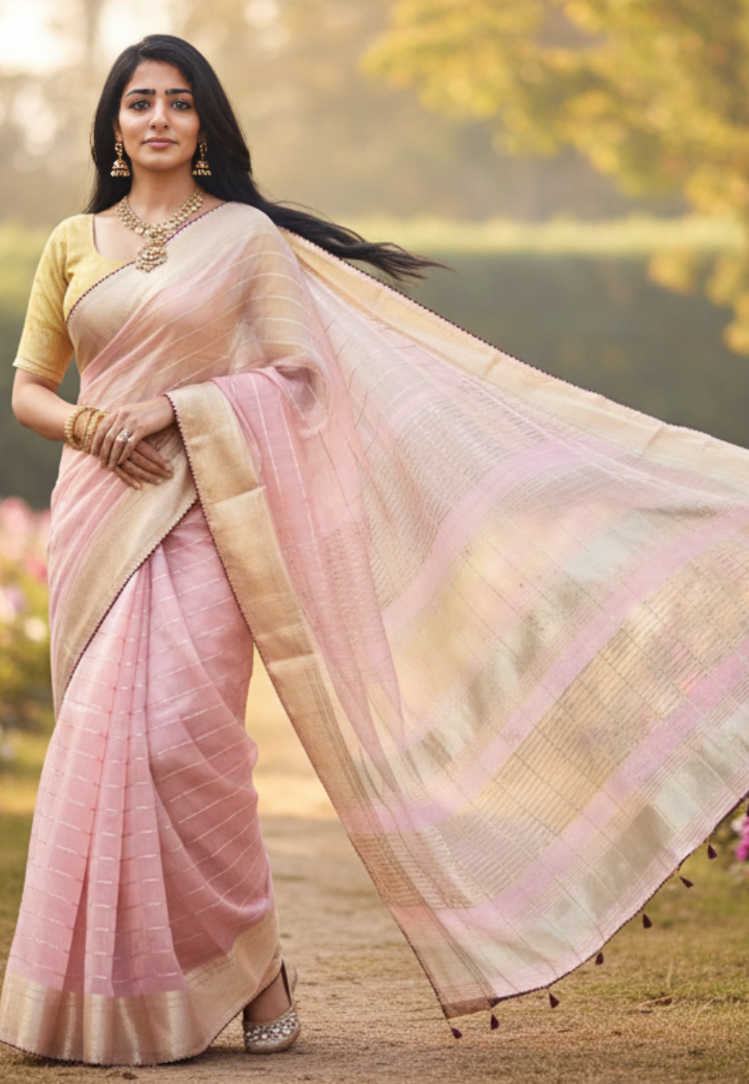 Light Pink/ deep wine cotton silk saree with zari work