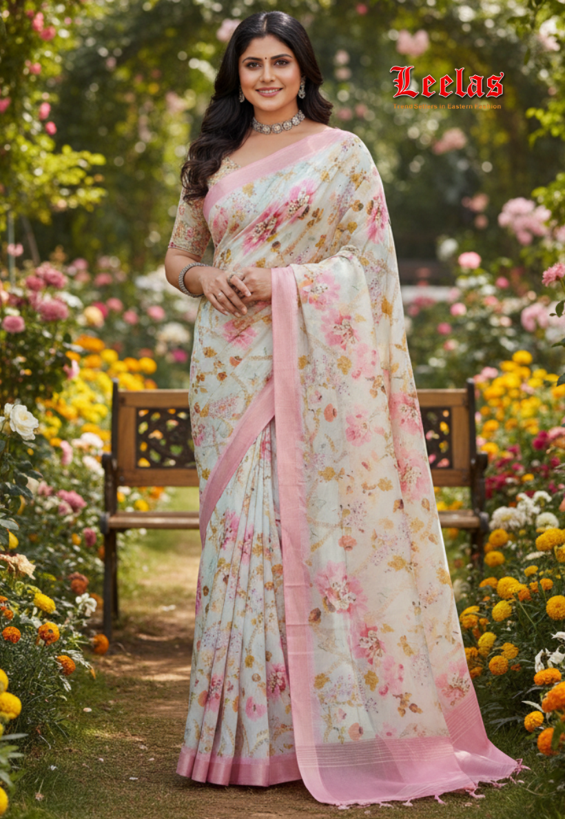 Pink floral art silk saree with border