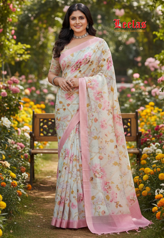 Pink floral art silk saree with border