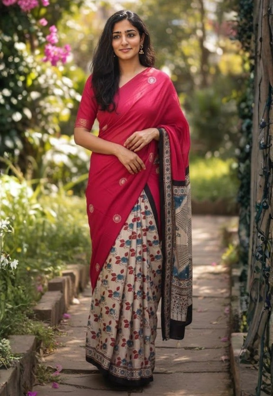 Hand blocked printed ajrakh saree with floral rosettes and geometric patterns in dual tone of indigo blue, crimson red and cream with mirror, embroidery and sequins