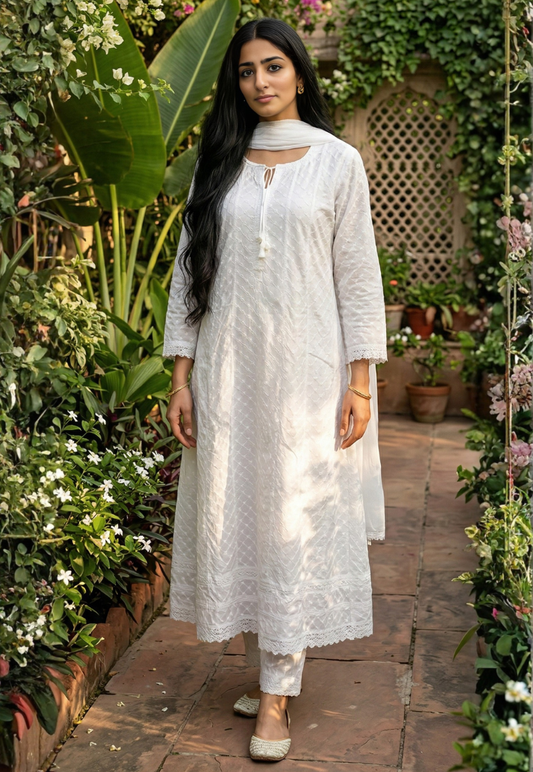 White cotton embroidered chikankari anarkali salwar kameez