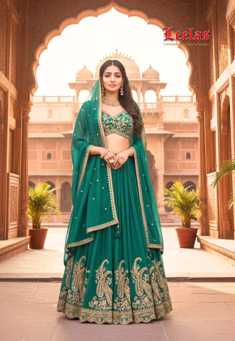 Teal silk lengha adorned with with gold embroidery and sequin floral and paisely detail
