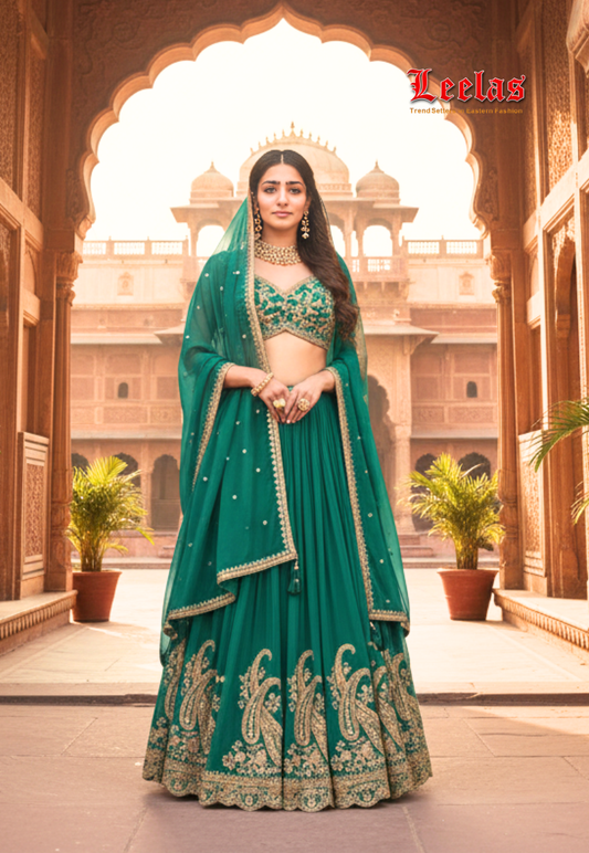 Teal silk lengha adorned with with gold embroidery and sequin floral and paisely detail