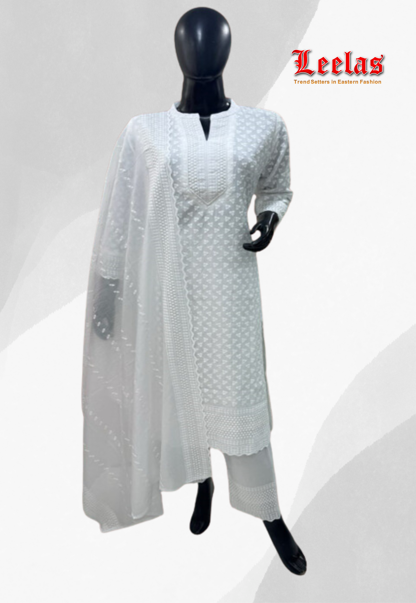 White round neck cotton salwar kameez, white matching dupatta